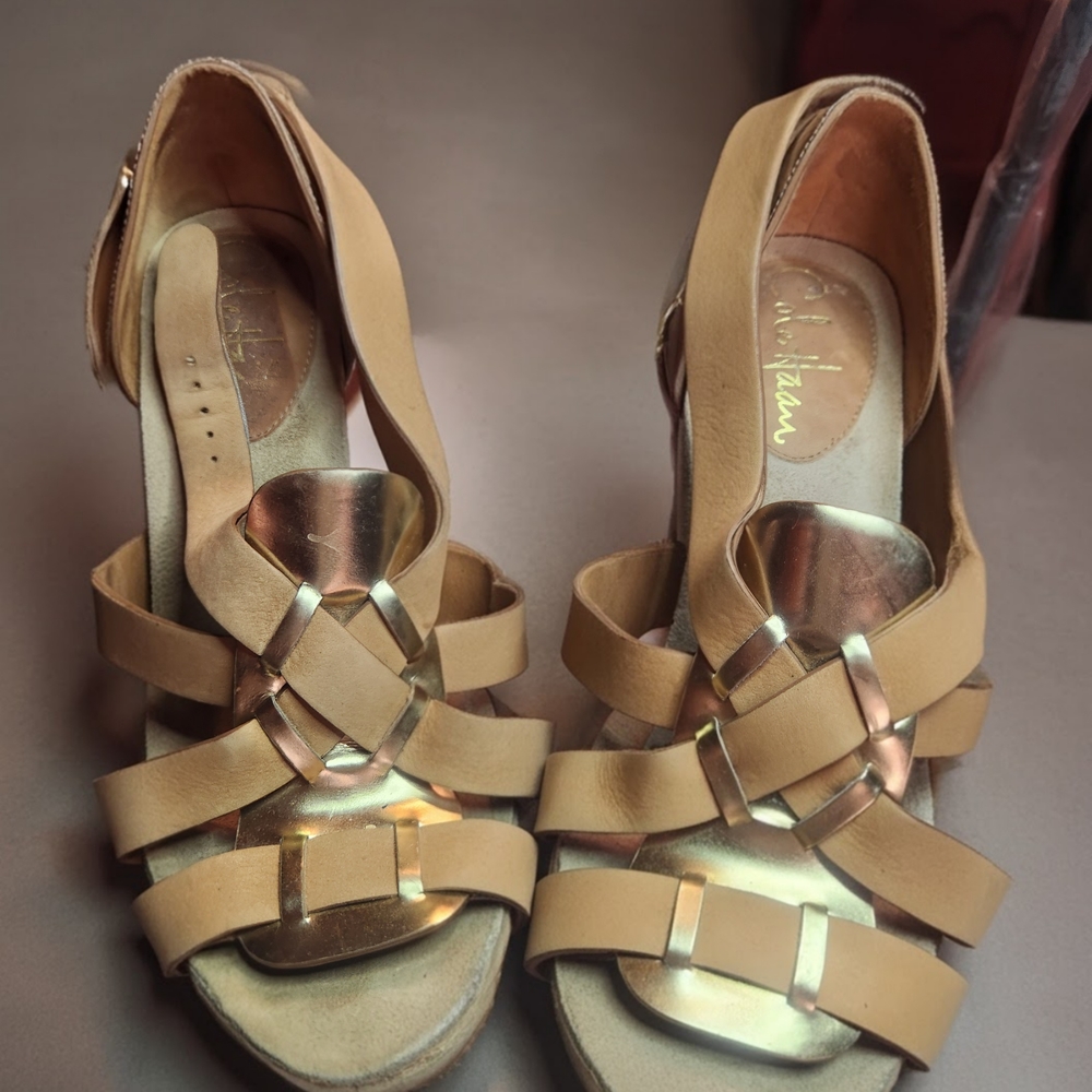 Cole Haan Gold and Tan Sandals with Woven Leather Design